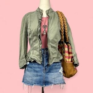 Vintage Y2K Decree Women's Cropped Peplum Denim Jacket Ruffles Green Sz M